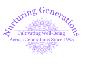 Logo for Nurturing Generations Name is in a curved arch above a mandala split in half with the tagline in between which reads Cultivating well being across generations since 1995